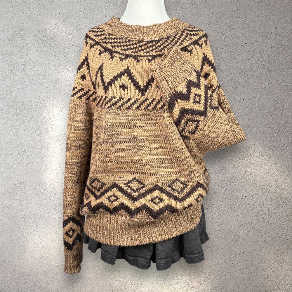 Wonderly Fair Isle Printed Sweater Women's L Brown Cabincore Rustic Boho Winter
